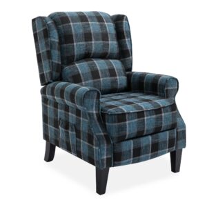 Blue Checked Fabric Recliner Armchair, With Wood Feet