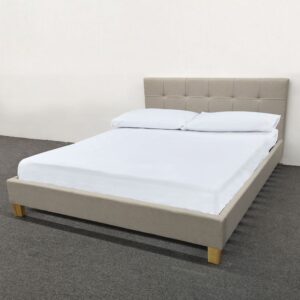King Size Bed, Upholstered In Cream Fabric - With Wooden Feet