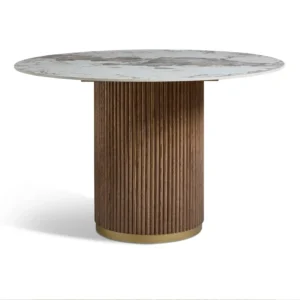 Marcio Marble - Effect Top & Wooden Base Round Dining Table - Red Brown