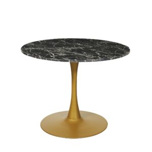 Mmilo Modern Black Round Artificial Marble Dining Table With Gold Base 100Cm