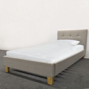 Small Double Bed, Upholstered In Cream Fabric - With Wooden Feet