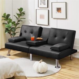 Zeke Black Pu Leather Sofa Bed - Chromed Legs 2 Seater Versatile Sofa